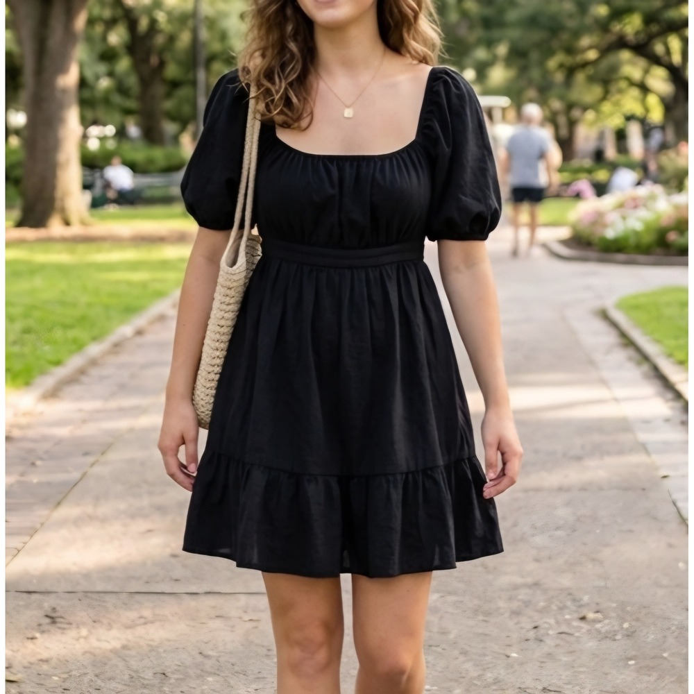 Hesperus Black Cotton Puff Sleeve Open Back Tie Mini Dress Small Youthful
